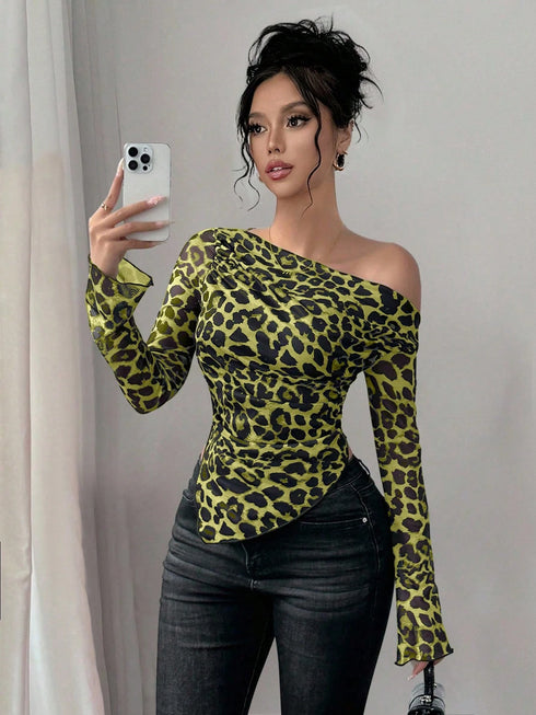 SHEIN Rafferiza Random Print Loose Fit Open Shoulder Long Sleeve Leopard Mesh Cover Up T-Shirt