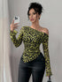 SHEIN Rafferiza Random Print Loose Fit Open Shoulder Long Sleeve Leopard Mesh Cover Up T-Shirt