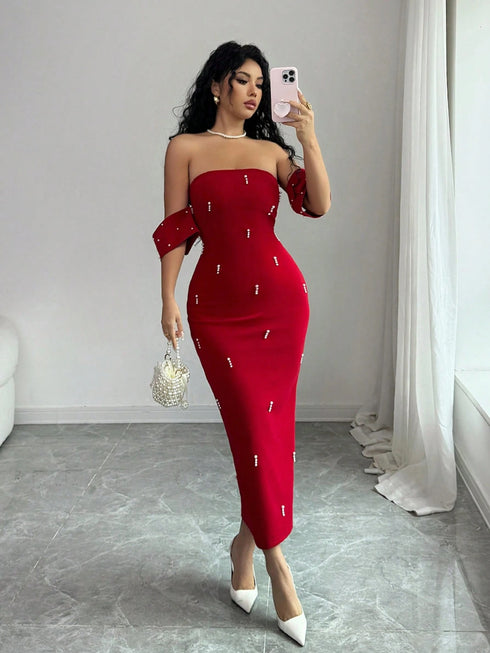 SHEIN Rafferiza Red Women's Simple Stretch Base Slim Pearl-Decorated Buttons Women Casual Club Business00