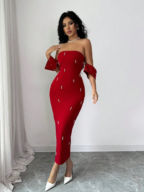 SHEIN Rafferiza Red Women's Simple Stretch Base Slim Pearl-Decorated Buttons Women Casual Club Business