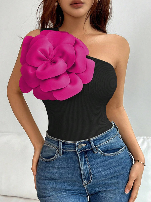 SHEIN Rafferiza Women's Asymmetrical Neckline Shoulder Fitted Elegant Solid Color 3D Floral Decor One Shoulder Top