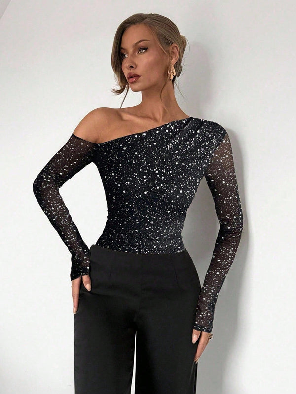 SHEIN رافيريسا أزياء نسائية منقطة معدنية شبكية مطبوعة مكشوفة الأكتاف بأكمام طويلة بودي سوت