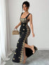 SHEIN Raffinéa Women's Black Summer Dress, Square Neck, Spaghetti Strap, Backless Skirt, Slit Hem, Fitt00