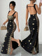 SHEIN Raffinéa Women's Black Summer Dress, Square Neck, Spaghetti Strap, Backless Skirt, Slit Hem, Fitt