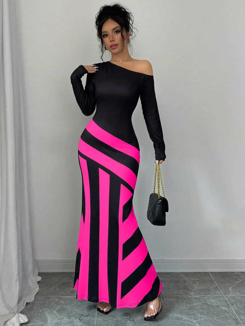 SHEIN Raffinéa Oblique Shoulder Ruched Waist Fishtail Design Sexy Women Dress Maxi Women Outfit