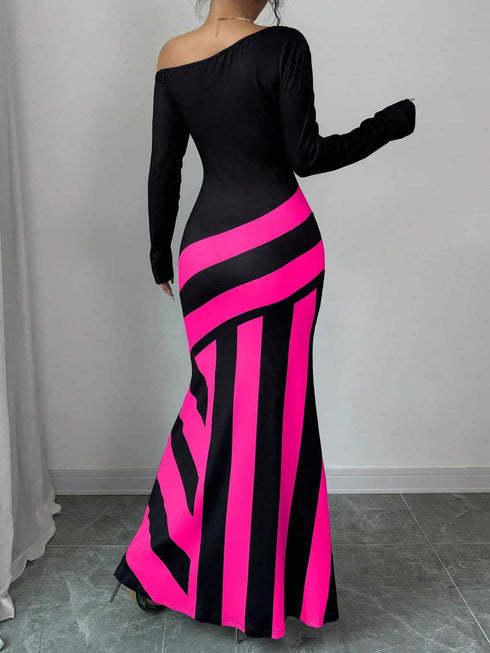 SHEIN Raffinéa Oblique Shoulder Ruched Waist Fishtail Design Sexy Women Dress Maxi Women Outfit