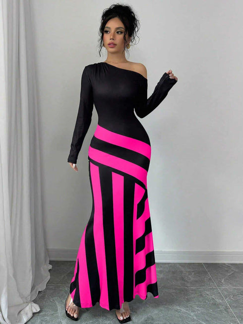 SHEIN Raffinéa Oblique Shoulder Ruched Waist Fishtail Design Sexy Women Dress Maxi Women Outfit