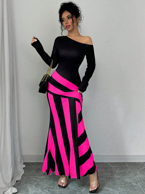 SHEIN Raffinéa Oblique Shoulder Ruched Waist Fishtail Design Sexy Women Dress Maxi Women Outfit