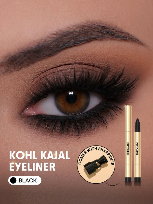 Kohl Kajal eyeliner with an eye close-up and product packaging on a brown background