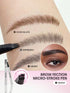 Brow Fection Micro-Stroke Pen eyebrow pencil shown with three brow color swatches labeled Chocolate, Espresso, and Ebony on skin, plus a close-up eye inset and product packaging at the bottom.