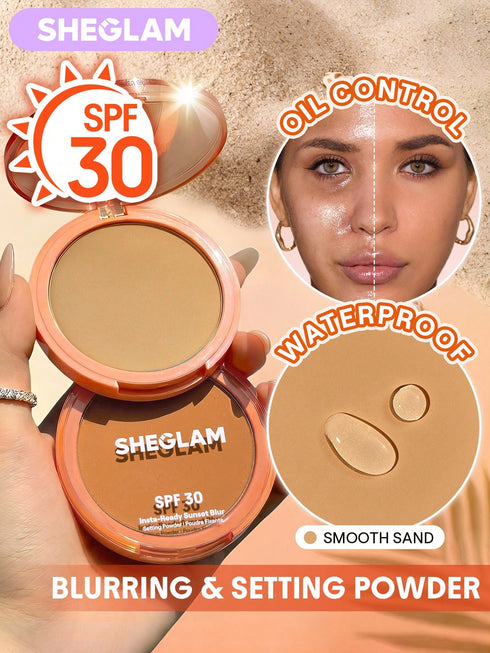 Sheglam blurring and setting powder with SPF 30, oil control, and waterproof features on a beige background.