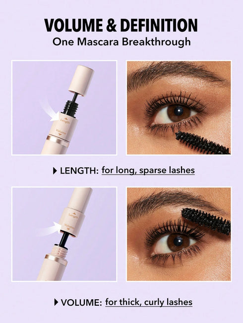 Mascara with text highlighting volume and definition, showing close-up of eyes with applied mascara.