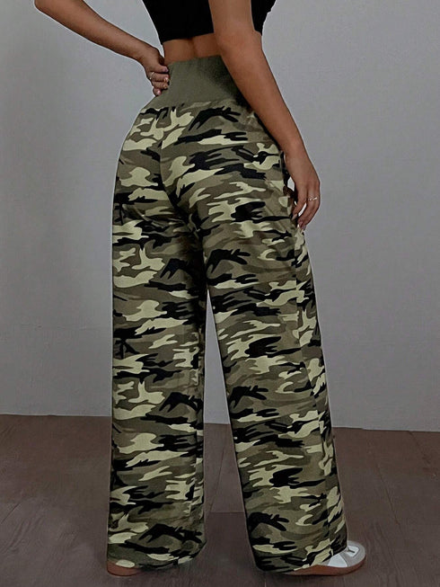 SHEIN SHEIN EZwear Summer Sports & Leisure Wide-Waisted Green Camo Loose Straight-Leg Pants11