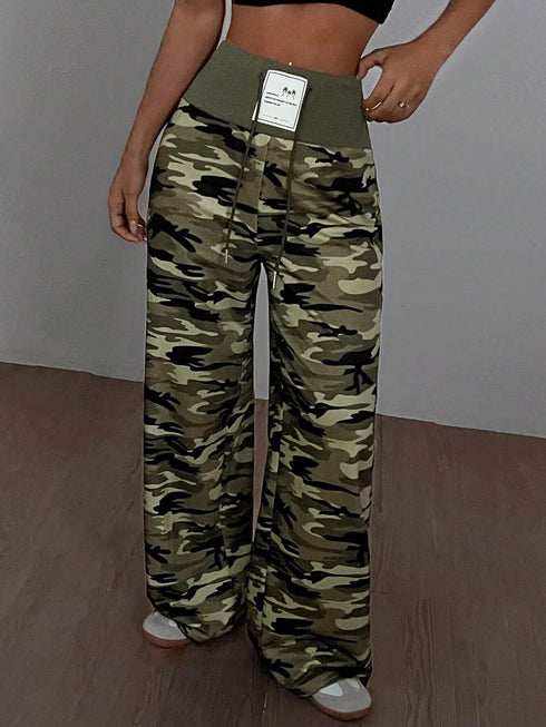 SHEIN SHEIN EZwear Summer Sports & Leisure Wide-Waisted Green Camo Loose Straight-Leg Pants