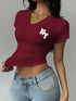SHEIN SHEIN EZwear Women's V-Neck Letter Print Casual Ruched T-Shirt, Summer V Neck Tops Red0