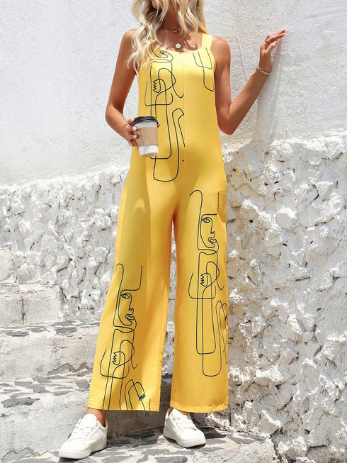 SHEIN SHEIN LUNE Women Summer Abstract Face Print Wide Leg Overalls Jumpsuit