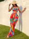 SHEIN SHEIN Swim Vcay Summer Beach Colorful Print Bikini Set Bandeau Bra & Bikini Bottom & Ruffle Trim Beach Pants 3 Piece Bathing Suit