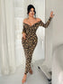 SHEIN SXY Elegant Sexy Leopard Print Off Shoulder Fitted Long DresS0