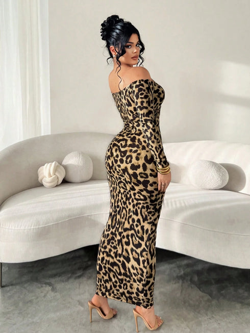 SHEIN SXY Elegant Sexy Leopard Print Off Shoulder Fitted Long DresS1