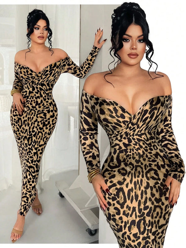 SHEIN SXY Elegant Sexy Leopard Print Off Shoulder Fitted Long DresS
