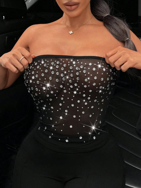 SHEIN SXY Grace Rhinestones Holiday Party Women's Music Festival Fashion Rhinestone Decorated00