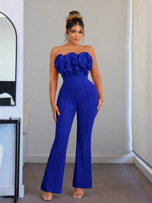 SHEIN SXY Jiri Clothing Summer Pink Jumpsuit For Women, Graduation, Prom, Or Date Dress With Ruffle, Pleats, Lace Edging, And Tight-Fitting Bustier