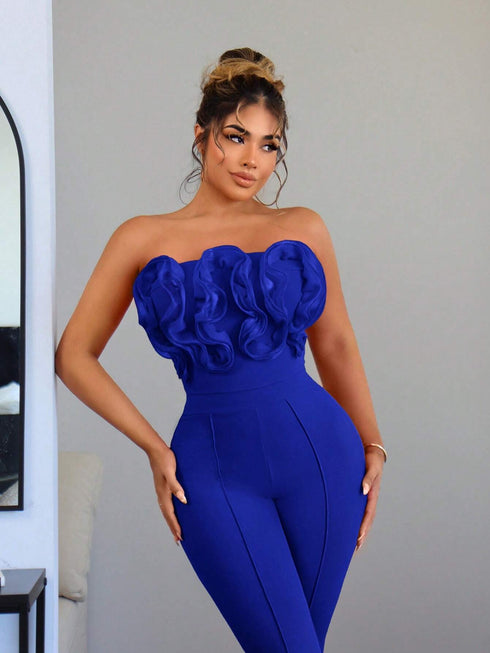 SHEIN SXY Jiri Clothing Summer Pink Jumpsuit For Women, Graduation, Prom, Or Date Dress With Ruffle, Pleats, Lace Edging, And Tight-Fitting Bustier
