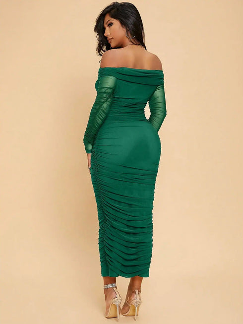 SHEIN SXY Prom Dress;Off Shoulder Ruched Mesh Bodycon Dress