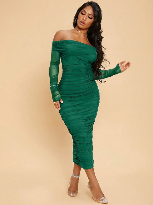 SHEIN SXY Prom Dress;Off Shoulder Ruched Mesh Bodycon Dress