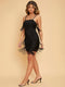 SHEIN SXY Summer Solid Color Tassel Detail Black Tight Sexy Party Suspender Mini Dress