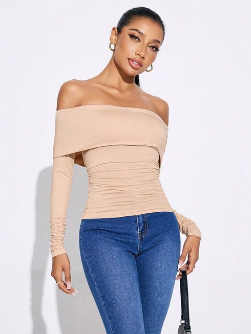 ملابس نسائية SHEIN SXY بلون موحد مكشوفة الأكتاف مكشكشة بأكمام طويلة، بلوزة خريفية نسائية للخروجات