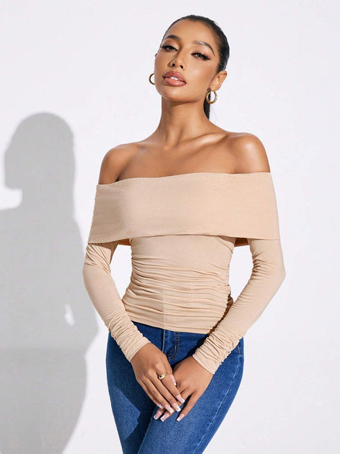 ملابس نسائية SHEIN SXY بلون موحد مكشوفة الأكتاف مكشكشة بأكمام طويلة، بلوزة خريفية نسائية للخروجات