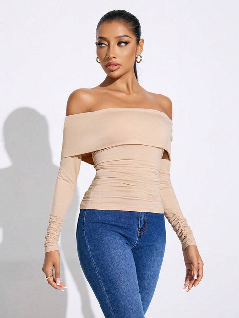 ملابس نسائية SHEIN SXY بلون موحد مكشوفة الأكتاف مكشكشة بأكمام طويلة، بلوزة خريفية نسائية للخروجات