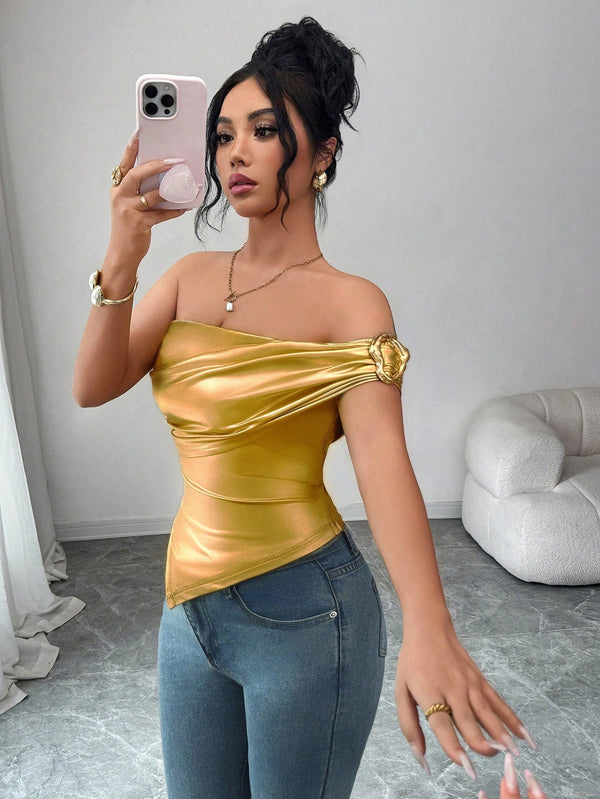 SHEIN Selianne Women's Elegant Asymmetric Hem Gold Decor Button Shoulder Top