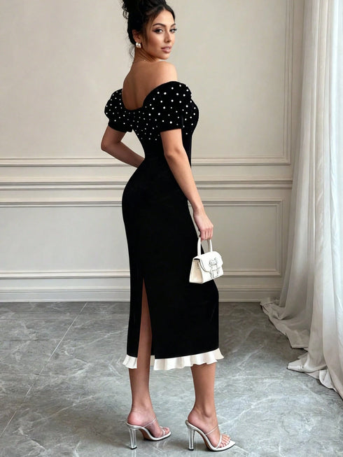 SHEIN Selianne Women's Elegant Pearl Embellished Off-Shoulder Bodycon Dress Vacation Resort Vibe! Color Block00