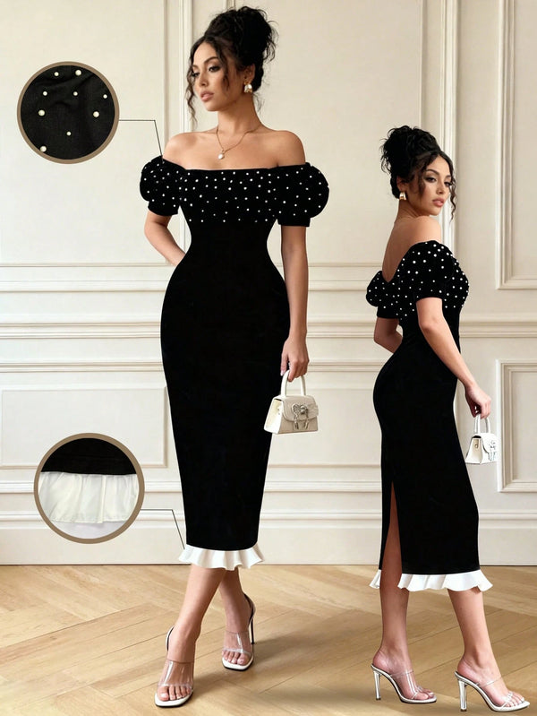 SHEIN Selianne Women's Elegant Pearl Embellished Off-Shoulder Bodycon Dress Vacation Resort Vibe! Color Block