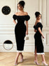 SHEIN Selianne Women's Elegant Pearl Embellished Off-Shoulder Bodycon Dress Vacation Resort Vibe! Color Block