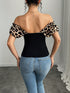 SHEIN Selianne Women's Fashion Off Shoulder Ruffled Leopard Print Color Block Patchwork T-Shirt1