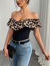 SHEIN Selianne Women's Fashion Off Shoulder Ruffled Leopard Print Color Block Patchwork T-Shirt