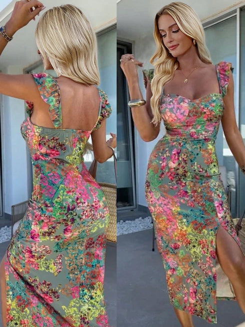 SHEIN Selianne Women's Floral Print Split Midi Dress, Summer