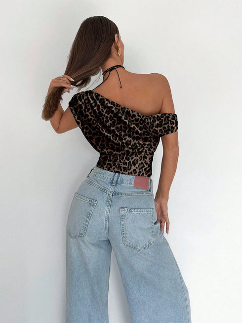 SHEIN Siren Gaze Women's Casual Elegant Asymmetric Ruched Leopard Cropped Top, Suitable For Summer1