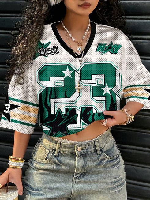 Person wearing a sports jersey with visible branding and numbers