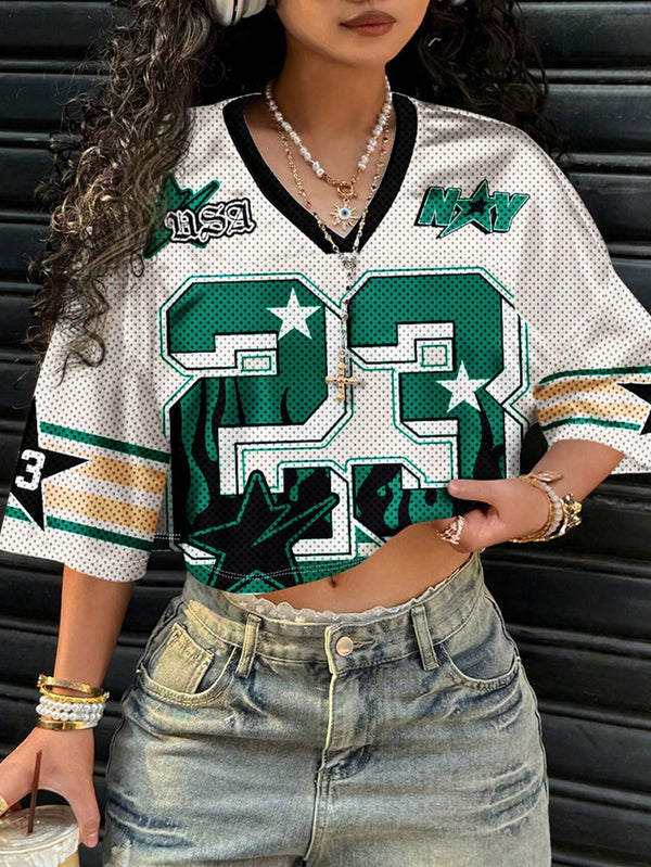 Person wearing a sports jersey with visible branding and numbers