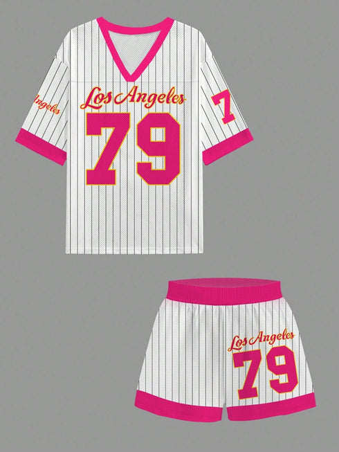 Baseball jersey and shorts set with 'Los Angeles 79' on a gray background