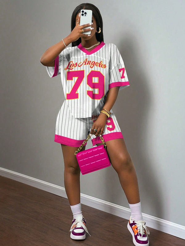 SHEIN Slaydiva 2 Pieces Set: Women's Casual Jersey "Los Angeles" Number 79 Graphic Print T-Shirt And