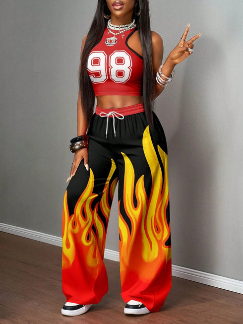 SHEIN Slaydiva 2pcs/Set Women Casual Street Style Football Cheerleader Outfit, Flaming Graphic Leggin0