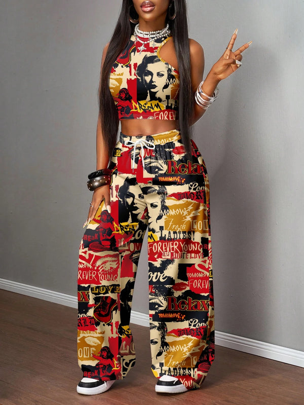 SHEIN Slaydiva 2pcs/Set Women Casual Street Style Tight Camisole And Loose Pants Suit, Suitable For