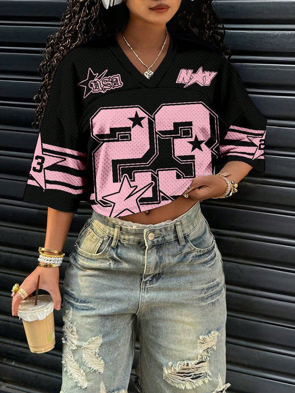 SHEIN Slaydiva Women's Casual V-Neck Loose Cropped 5/8 Sleeve Mesh T-Shirt, Suitable For Summer, Suitable Fo