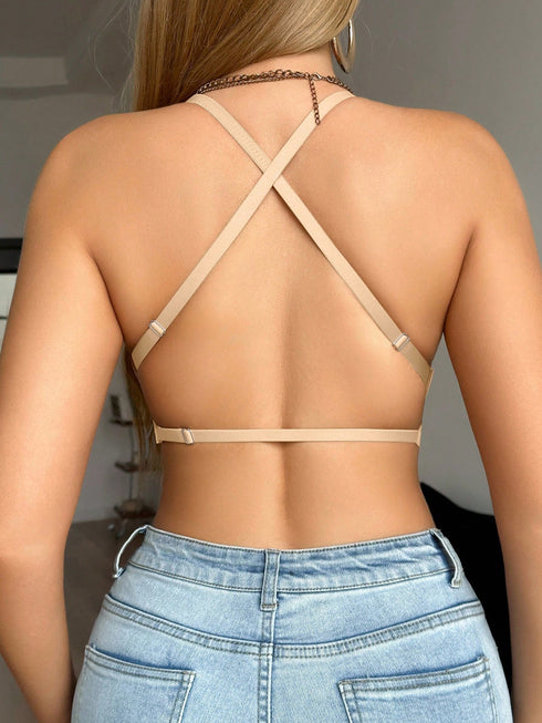SHEIN Snug Zone 1pc Casual Minimalist Solid Color Deep V-Neck Thin Strap Backless Women Bra1