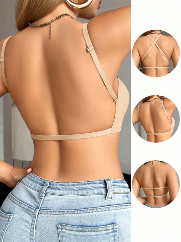 SHEIN Snug Zone 1pc Casual Minimalist Solid Color Deep V-Neck Thin Strap Backless Women Bra